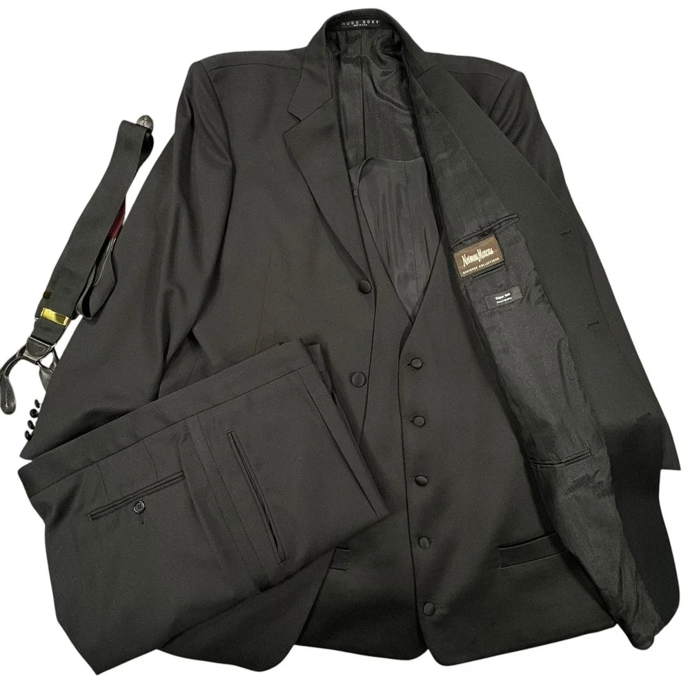 Hugo Boss 3-Piece Tuxedo Suit Mens 46L Black Wool Super 100s Formal USA